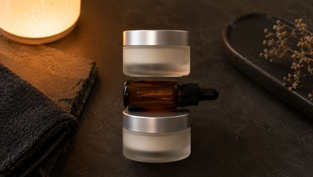 Ceramide moisturiser, retinol serum and ceramide again in sandwich arrangement on dark surface — retinol for dry aging skin using the ceramide sandwich method