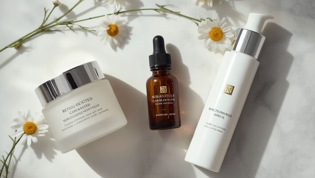 Luxury encapsulated retinol serum, ceramide moisturiser and niacinamide beside white chamomile flowers on marble — retinol for sensitive skin gentle approach for mature women