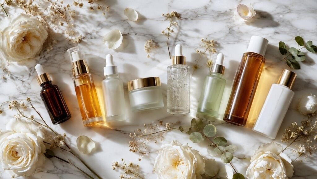 Eight luxury skincare products including retinol, vitamin C, ceramides and SPF arranged on white marble with white roses — complete skincare ingredients guide for mature aging skin