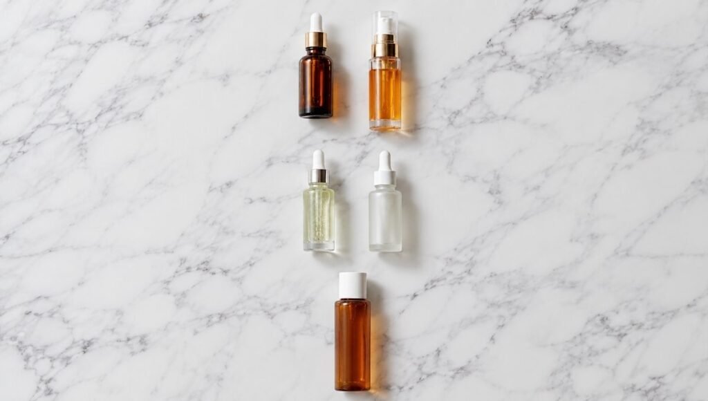 Three tiers of anti-wrinkle skincare ingredients on white marble — skincare ingredients for wrinkles ranked by clinical evidence including retinol, vitamin C, peptides and bakuchiol