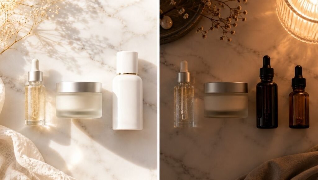 Morning vitamin C and SPF products beside evening niacinamide retinol and squalane products on white marble — complete skincare routine for dry aging skin morning and evening
