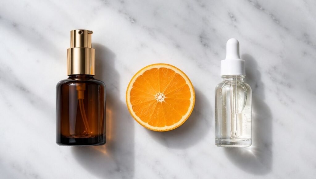 Luxury dark amber vitamin C serum beside clear alternative dropper bottle with orange slice on white marble — SkinCeuticals C E Ferulic dupe comparison guide
