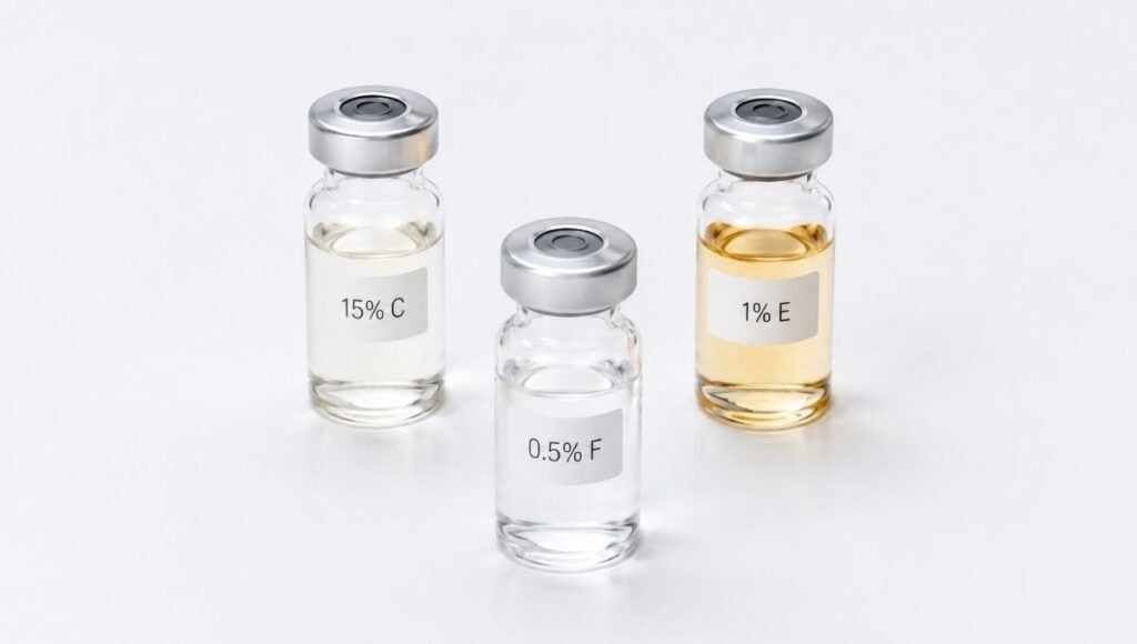Three scientific vials showing 15% vitamin C, 1% vitamin E and 0.5% ferulic acid on white — SkinCeuticals C E Ferulic ingredients formula decoded for mature skin