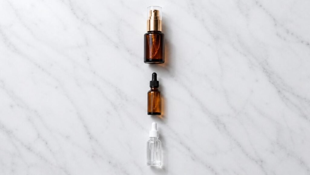 Three vitamin C serums in tiered hierarchy on white marble — SkinCeuticals vitamin C dupe alternatives ranked from post-patent equivalent to accessible budget option