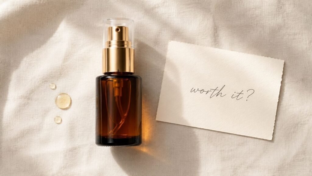 Dark amber vitamin C serum beside handwritten worth-it note on ivory linen — when SkinCeuticals C E Ferulic dupe is enough versus when the original is worth the investment