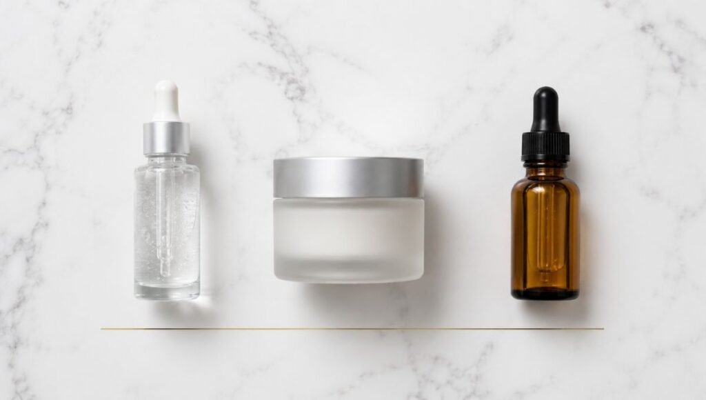 Hyaluronic acid, ceramide moisturiser and squalane oil in left-to-right sequence on white marble — the three-layer hydration system for dry aging skin in mature women