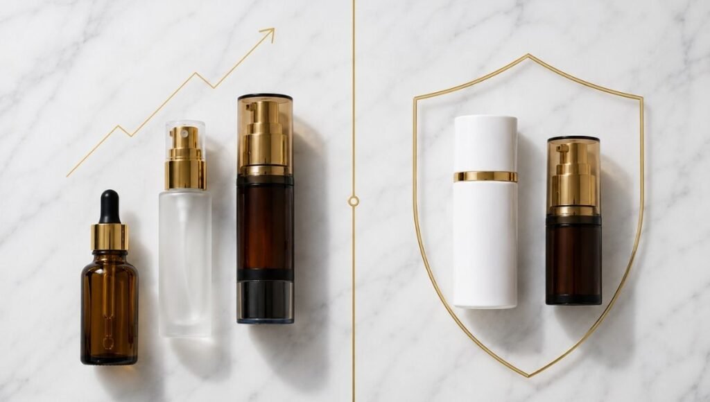 Retinol peptides and vitamin C beside SPF separated by gold line on marble — the two-pathway approach to skin tightening combining collagen synthesis stimulation and degradation protection