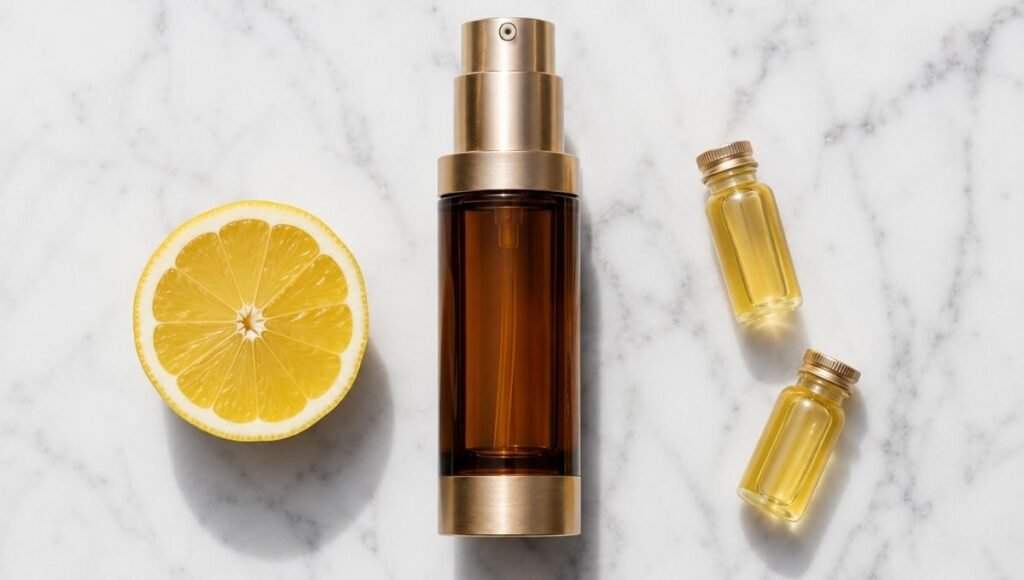 Luxury vitamin C airless pump serum with lemon and science vials on white marble — vitamin C for hyperpigmentation through tyrosinase inhibition mechanism for mature skin brightening