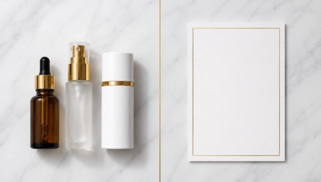 Luxury skincare products beside clinical consultation card separated by gold line on marble — when topical skincare reaches its limit and professional skin tightening treatment is the next step
