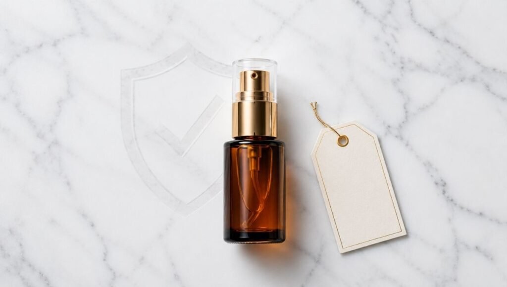 Premium dark amber vitamin C serum with price tag and shield on white marble — why SkinCeuticals C E Ferulic is expensive including patent protection and formula research cost