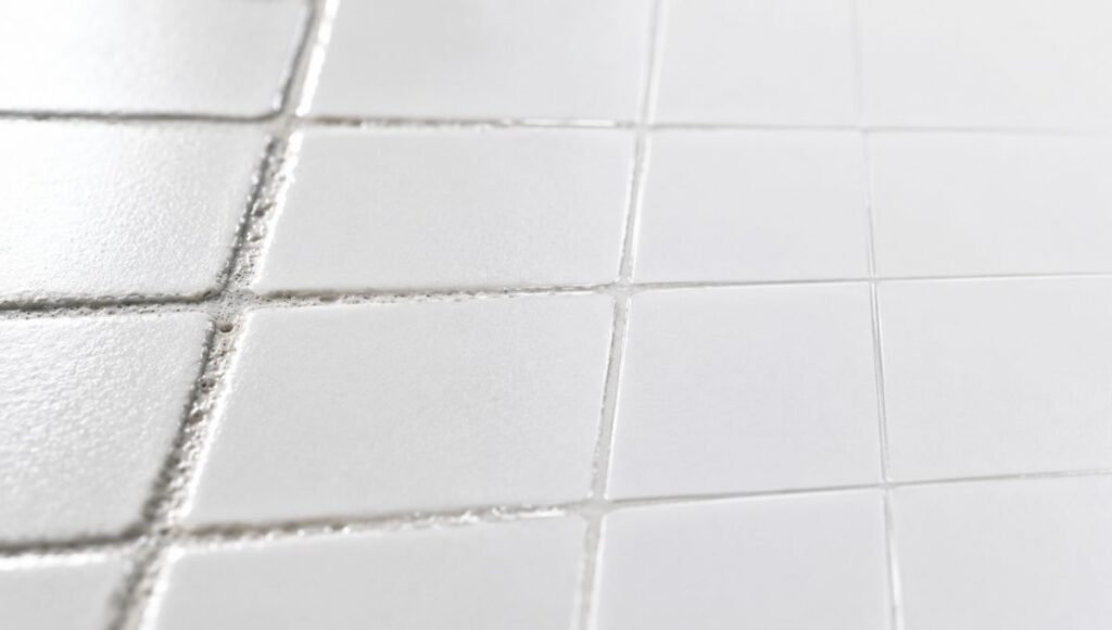 White tile surface showing intact grout lines fading to open gaps — visual metaphor for ceramide barrier loss explaining why skin gets drier with age after 40