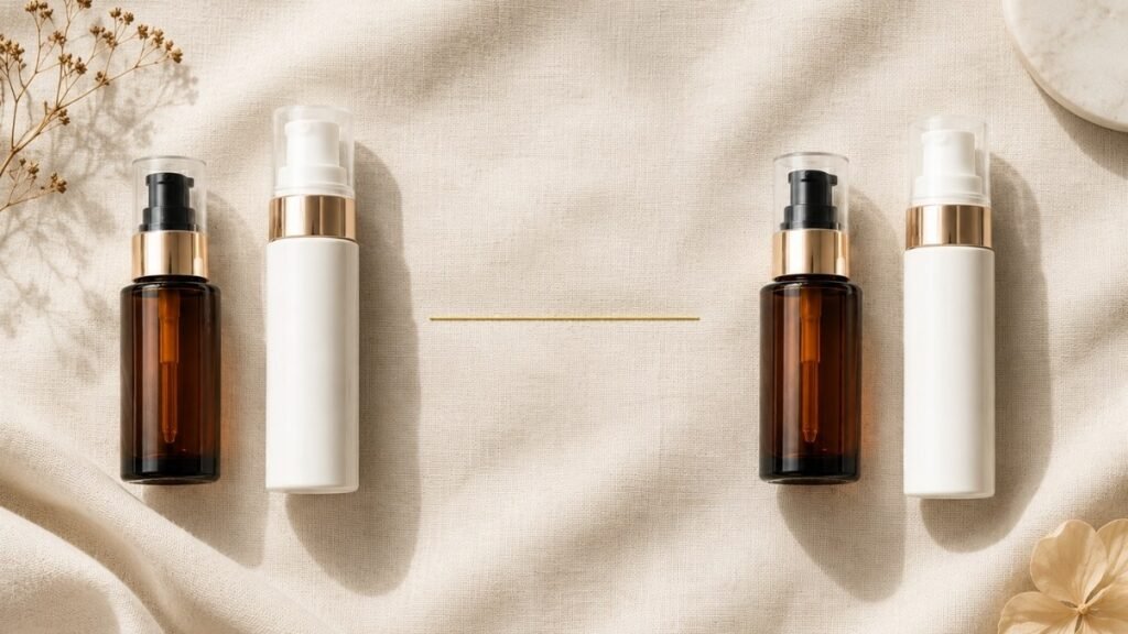 Two mirrored groups of vitamin C and SPF products separated by gold line on ivory linen — age spots on hands need the same brightening treatment as face including vitamin C serum and daily SPF