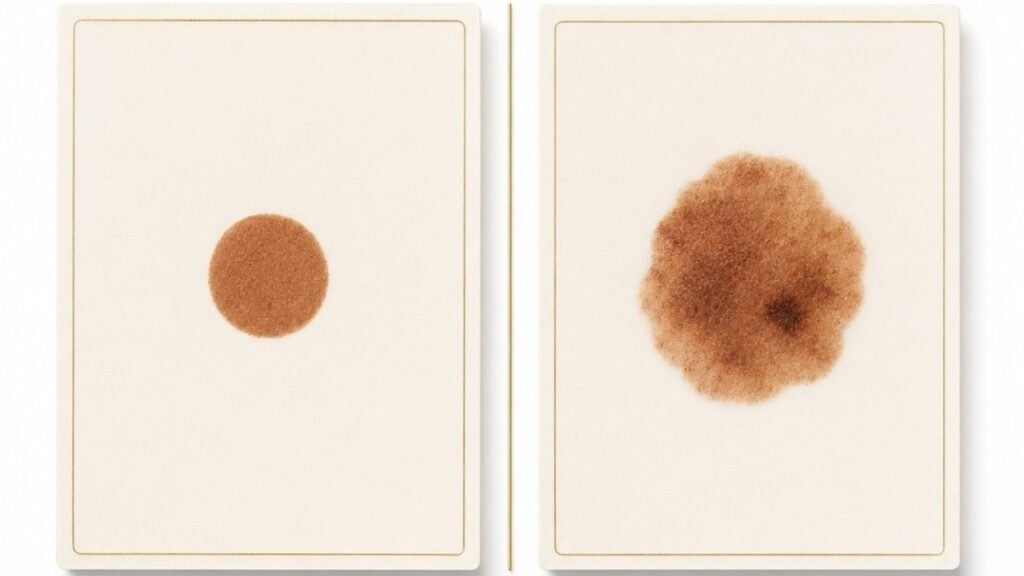 Two ivory cards showing uniform benign age spot beside irregular pigmented lesion — age spots vs melanoma visual safety check guide showing ABCDE warning signs for mature women