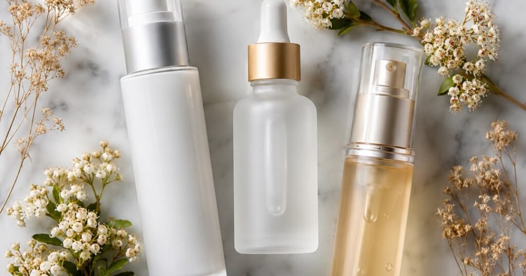 Luxury alpha arbutin frosted serum, niacinamide and vitamin C with white bearberry flowers on marble — alpha arbutin benefits complete science guide for dark spots and mature skin brightening
