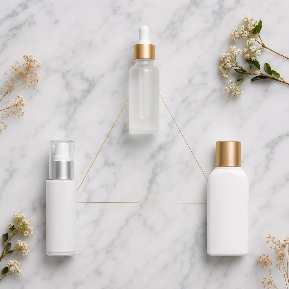 Alpha arbutin niacinamide and SPF in gold triangle formation on white marble — alpha arbutin ingredient compatibility guide showing the most effective three-ingredient brightening stack for mature skin