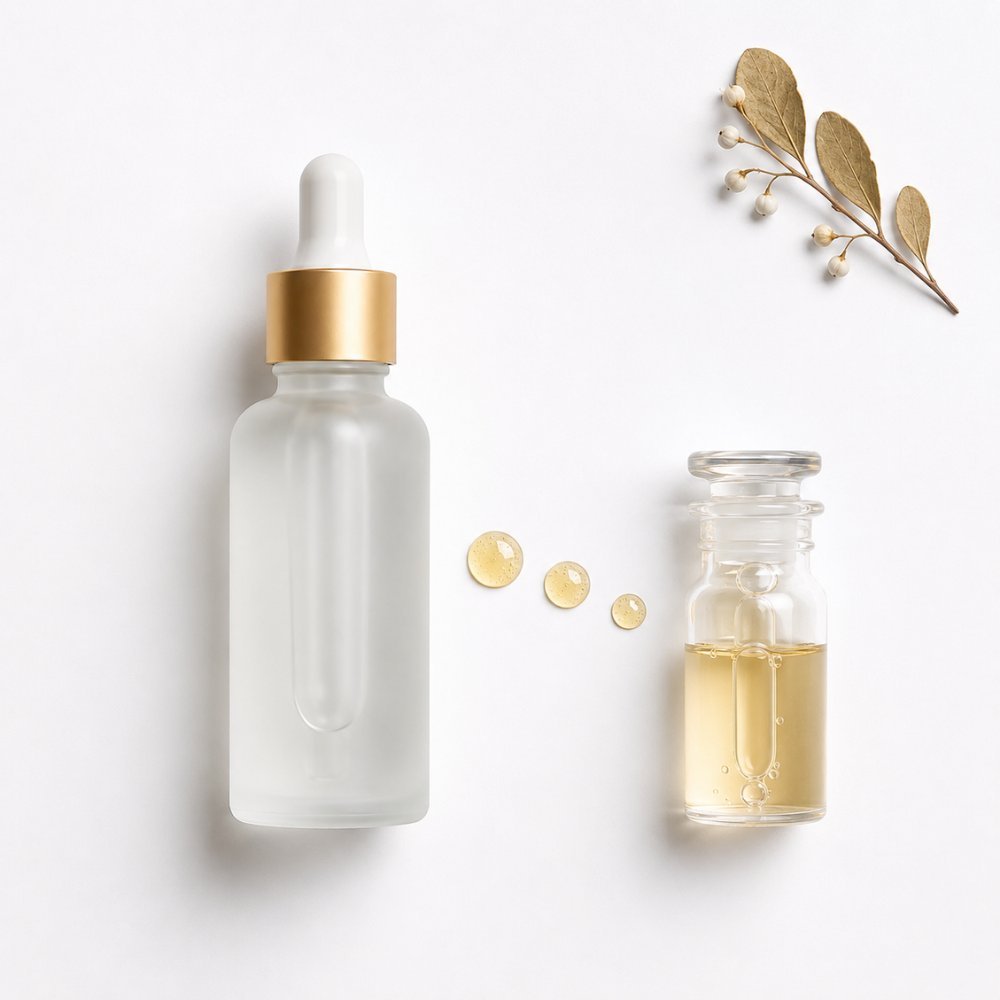 Alpha arbutin dropper with golden droplets and science vial showing slow enzymatic release — alpha arbutin tyrosinase inhibition slow-release mechanism for safe mature skin brightening