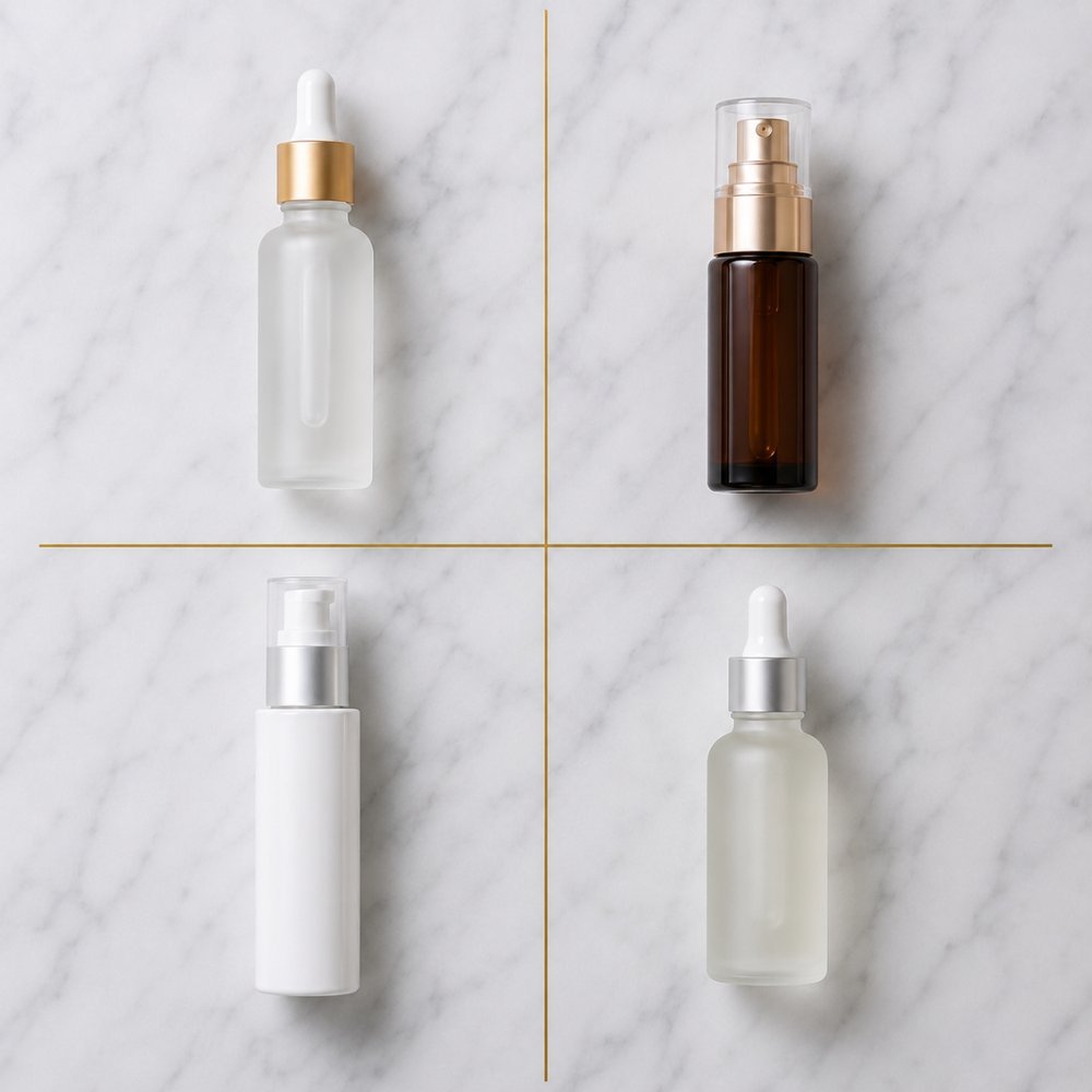 Four brightening serums in 2x2 gold grid showing alpha arbutin vitamin C niacinamide and tranexamic acid — alpha arbutin vs vitamin C niacinamide and tranexamic acid comparison for mature skin
