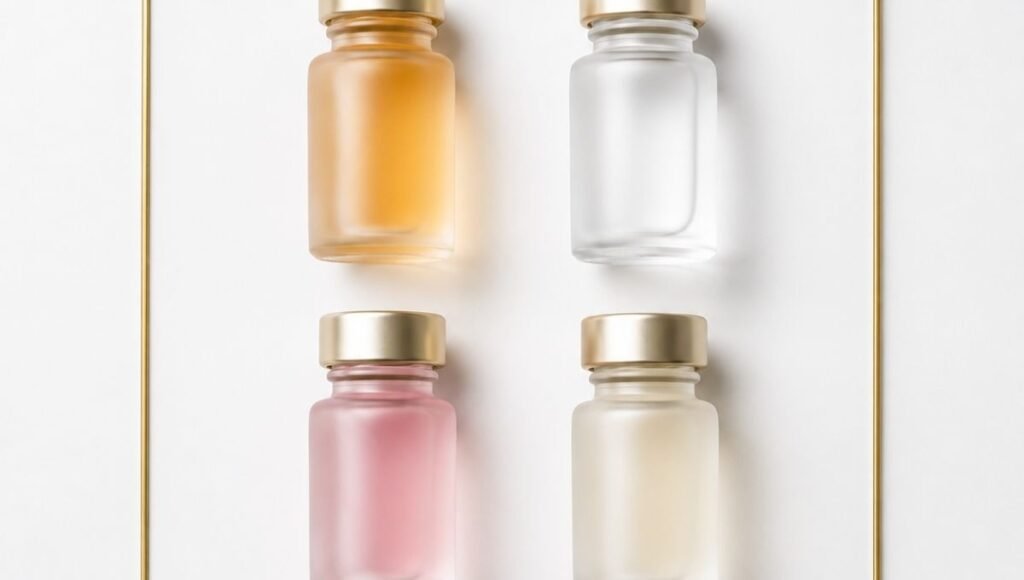 Four frosted vials in 2x2 grid showing four simultaneous mechanisms — azelaic acid benefits including tyrosinase inhibition antibacterial anti-inflammatory and keratolytic action for mature skin