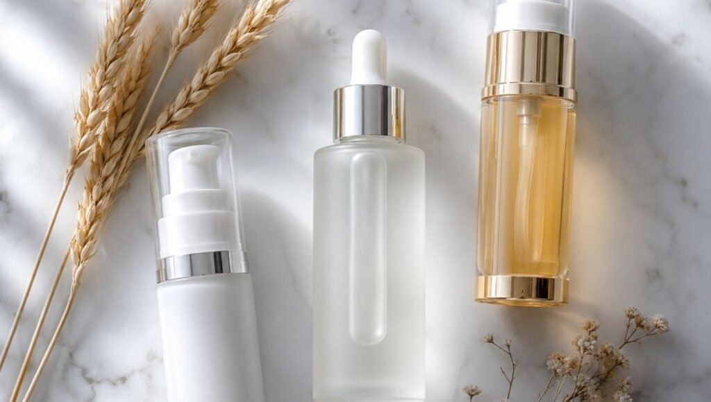 Luxury azelaic acid serum, niacinamide and vitamin C with dried wheat stalks on white marble — azelaic acid benefits complete science guide for dark spots rosacea and mature skin brightening