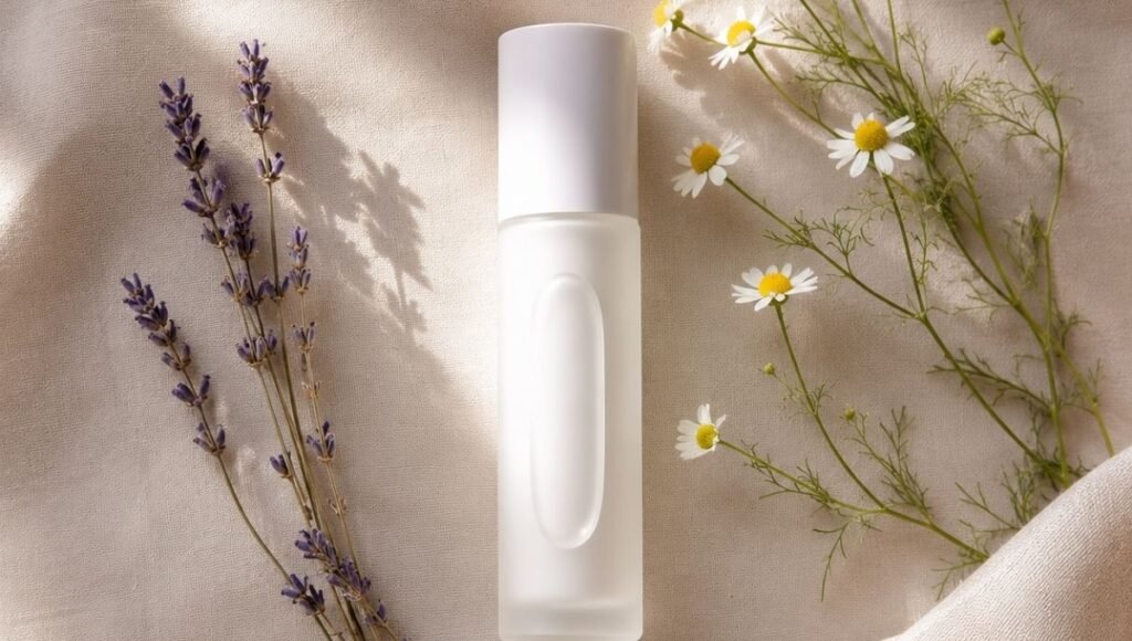 Luxury azelaic acid serum with fresh chamomile flowers on ivory linen — azelaic acid for rosacea anti-inflammatory mechanism calming mature perimenopause skin redness and flushing