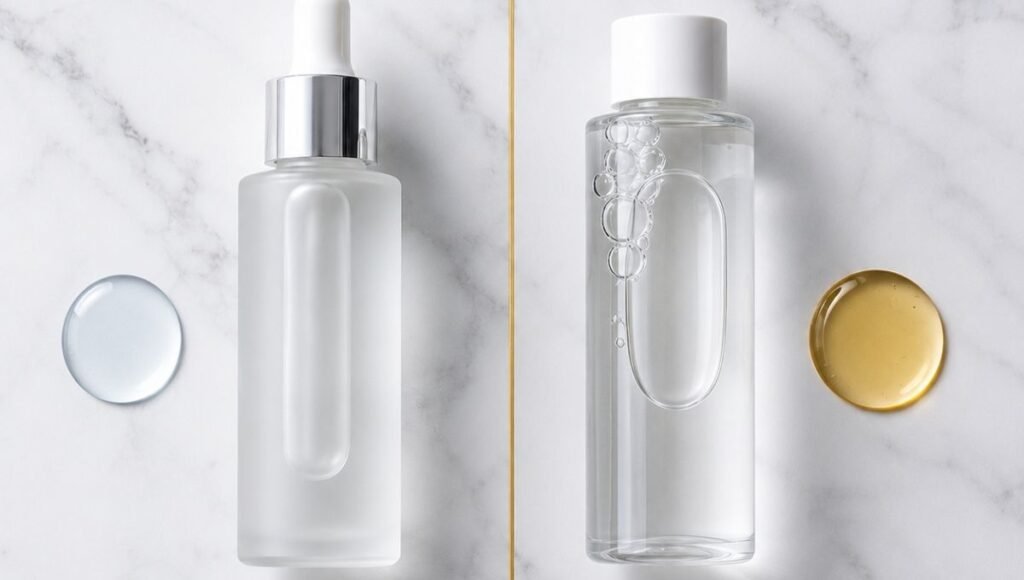 Azelaic acid serum with water drop beside salicylic acid with oil drop separated by gold line — azelaic acid vs salicylic acid comparison showing water-soluble vs oil-soluble skin penetration difference