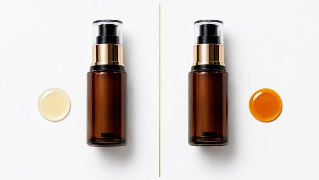 Two vitamin C serum bottles showing pale gold active drop beside oxidised amber drop — brightening serum failure diagnosis showing vitamin C oxidation colour change warning for mature skin