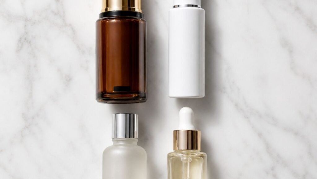 Four brightening serum products in two-tier hierarchy on white marble — brightening serum ingredients evidence-ranked list showing vitamin C niacinamide azelaic acid and alpha arbutin