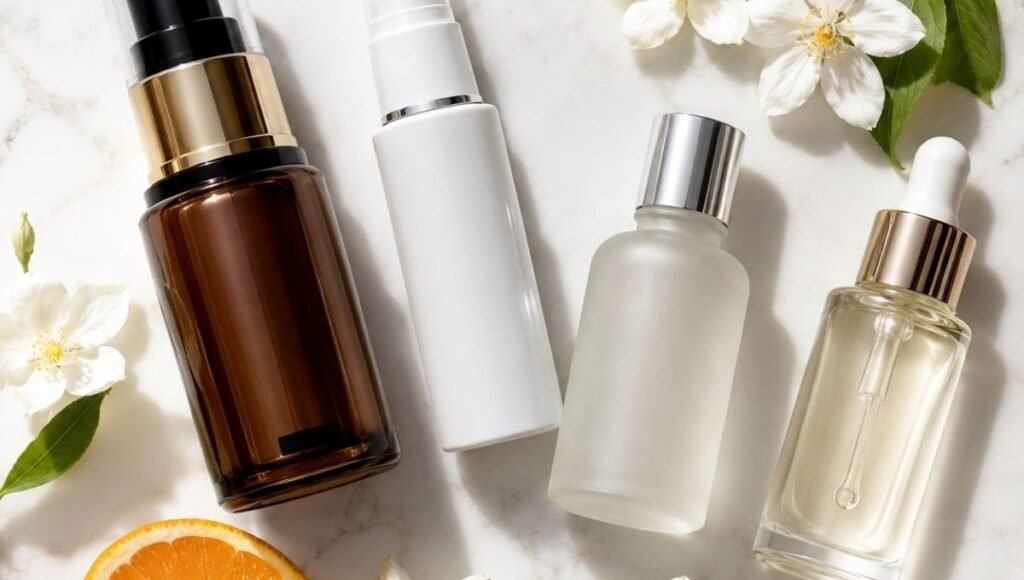 Luxury vitamin C, niacinamide, azelaic acid and alpha arbutin brightening serums with jasmine and orange on white marble — brightening serum science-led selection guide for mature skin