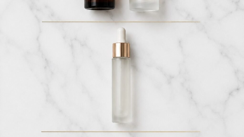 Three rows of brightening products in evidence hierarchy on white marble — how to get rid of sun spots on face ingredient hierarchy showing vitamin C azelaic tranexamic and retinol tiers