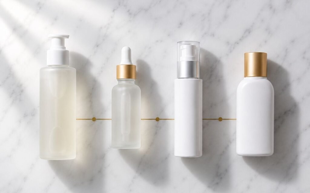 Four morning skincare products in sequence connected by gold line — how to use alpha arbutin in complete morning brightening routine with niacinamide and SPF for mature aging skin