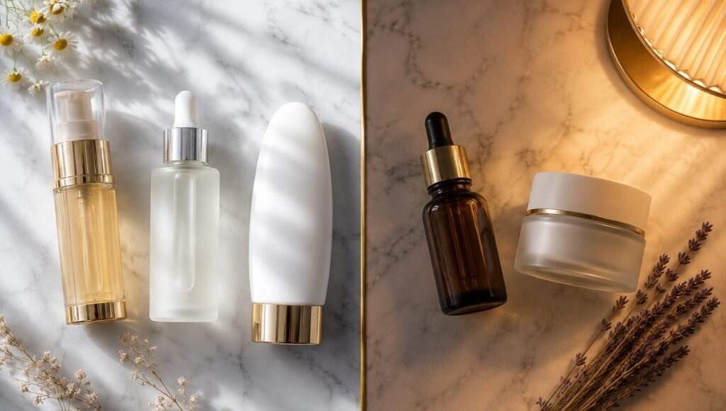 Morning vitamin C azelaic acid and SPF beside evening retinol and ceramide on white marble — how to use azelaic acid in morning and evening protocol for mature skin brightening and anti-aging