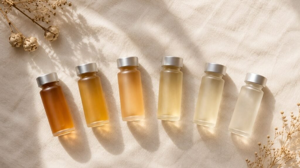 Six frosted vials in progressive arc from deep amber to pale gold on ivory linen — tranexamic acid before and after realistic timeline from week 2 to month 6 for mature skin dark spot fading