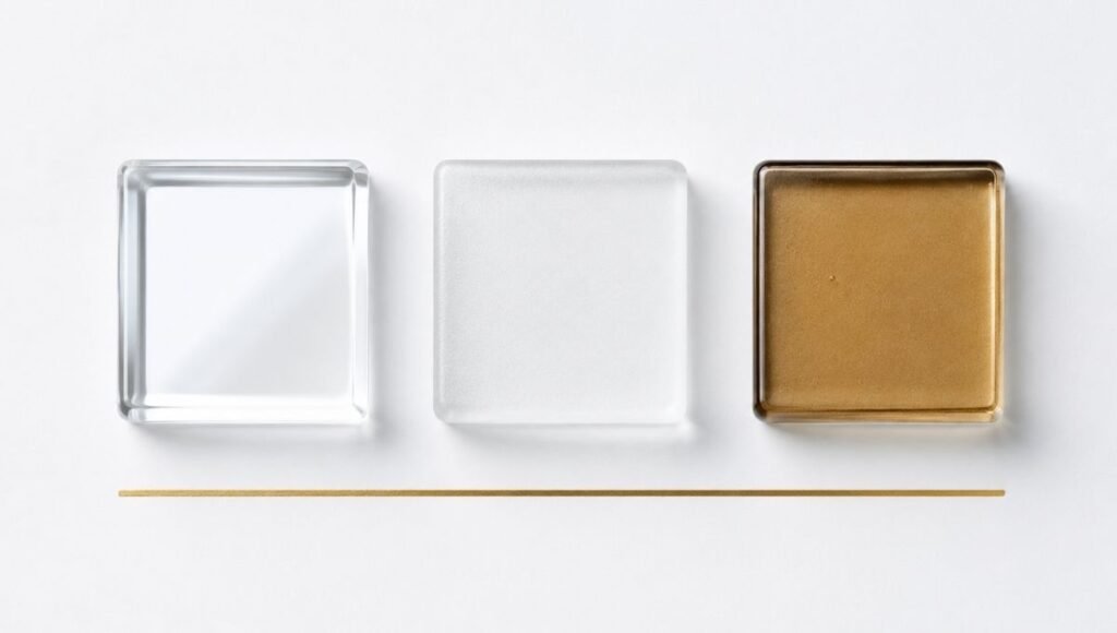Three glass tiles showing luminous reflective matte and amber-tinted surfaces — skin radiance after 40 showing three types of dullness including surface accumulation and melanin distribution