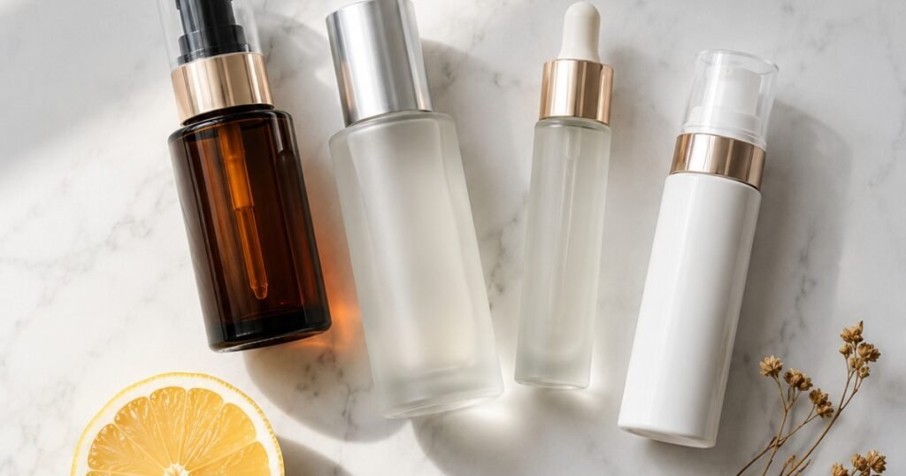 Luxury vitamin C, azelaic acid, tranexamic acid serum and SPF with lemon on white marble — sunspots on skin complete treatment guide with best ingredients for age spots and liver spots