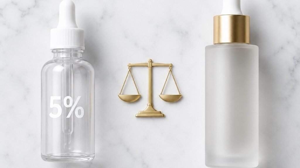 Basic 5% tranexamic acid beside luxury frosted glass formulation with gold scale on marble — tranexamic acid concentration vs formulation quality showing why delivery system matters more than percentage