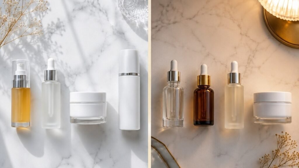 Morning vitamin C TXA ceramide SPF beside evening HA retinal TXA barrier cream on marble — tranexamic acid serum complete luxury morning and evening routine for mature skin brightening