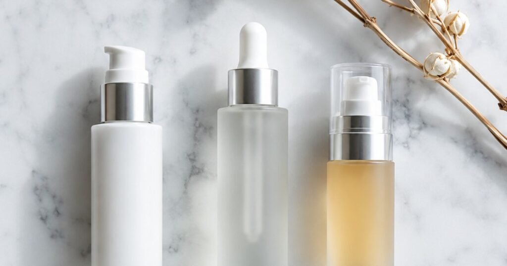 Luxury tranexamic acid serum, niacinamide and vitamin C with dried botanical branch on white marble — tranexamic acid serum science guide for melasma dark spots and mature skin brightening