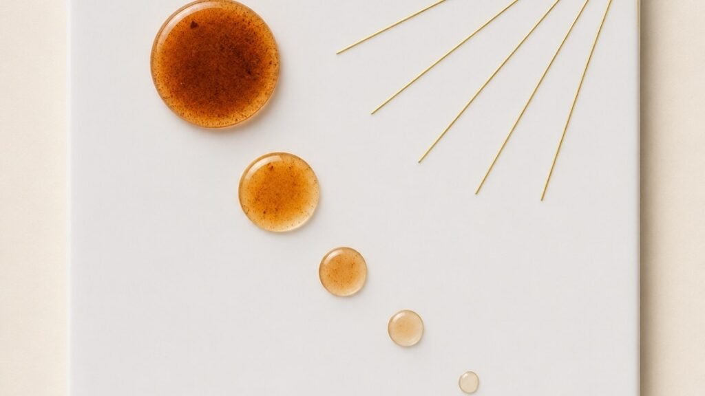 White tile with scattered amber circles of varying sizes showing accumulated melanin deposits — what causes age spots and sunspots through UV-triggered melanin accumulation on mature skin